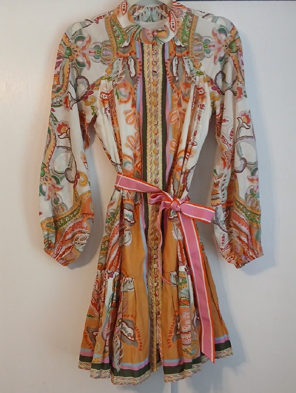 ANTONIO MELANI Cream Multi Paisley Long-Sleeve Belted Mini Dress in Size 2